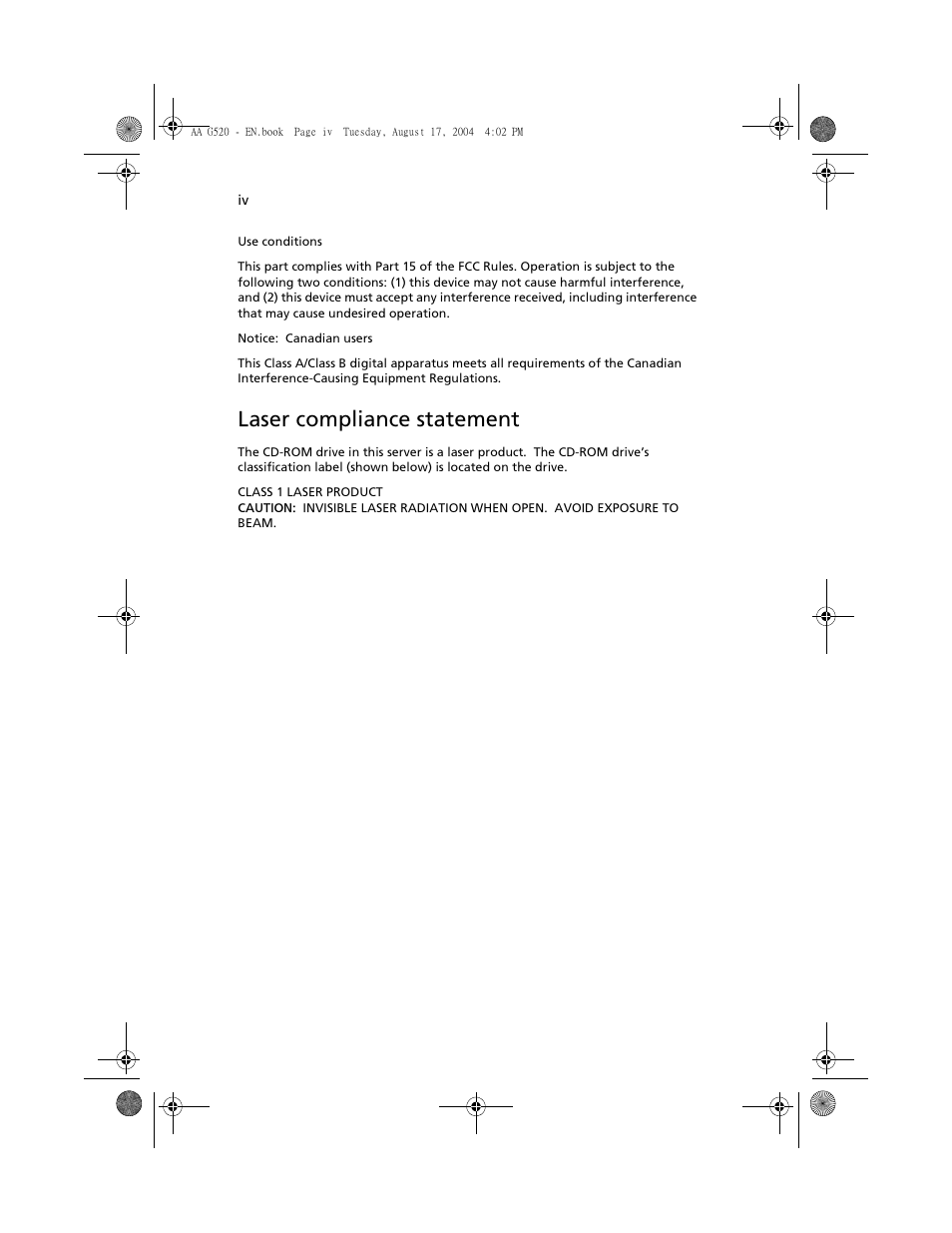 Laser compliance statement | Acer Altos G520 User Manual | Page 4 / 186