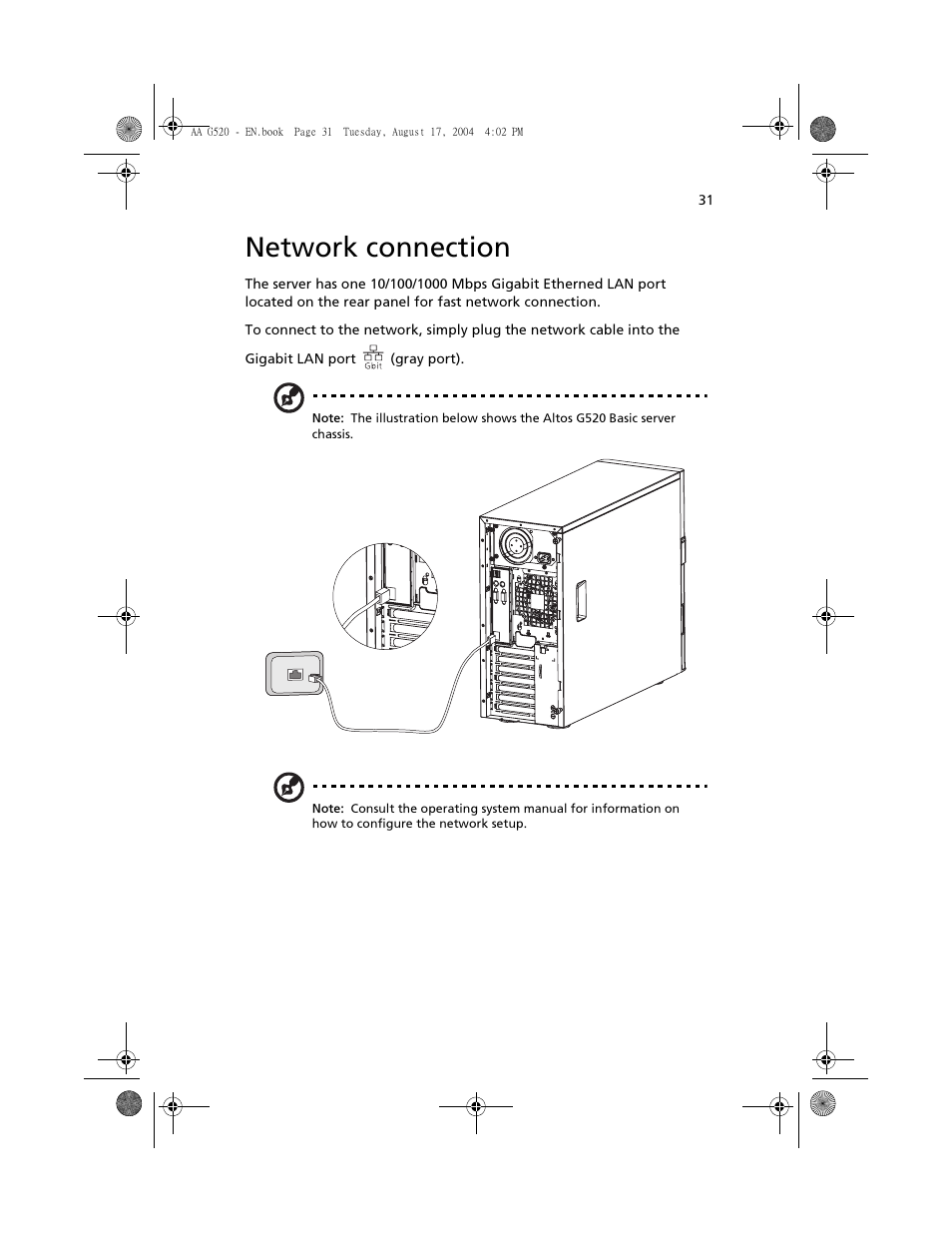 Network connection | Acer Altos G520 User Manual | Page 41 / 186