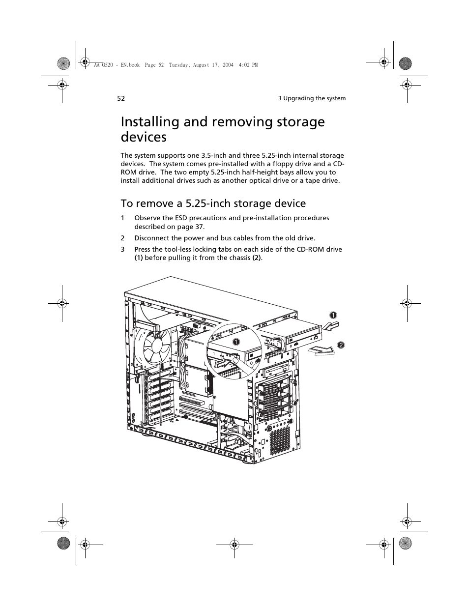 Installing and removing storage devices, To remove a 5.25-inch storage device | Acer Altos G520 User Manual | Page 62 / 186