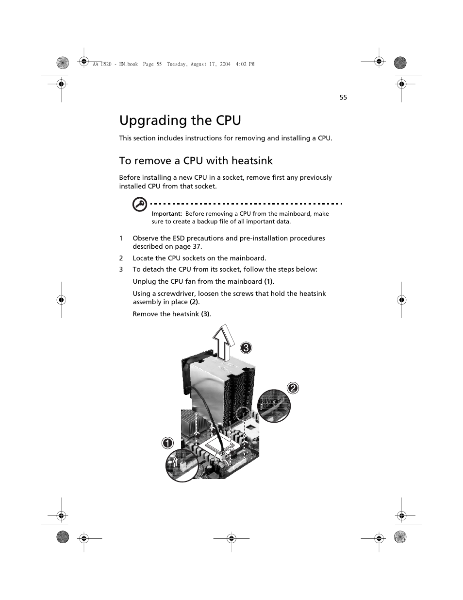 Upgrading the cpu, To remove a cpu with heatsink | Acer Altos G520 User Manual | Page 65 / 186