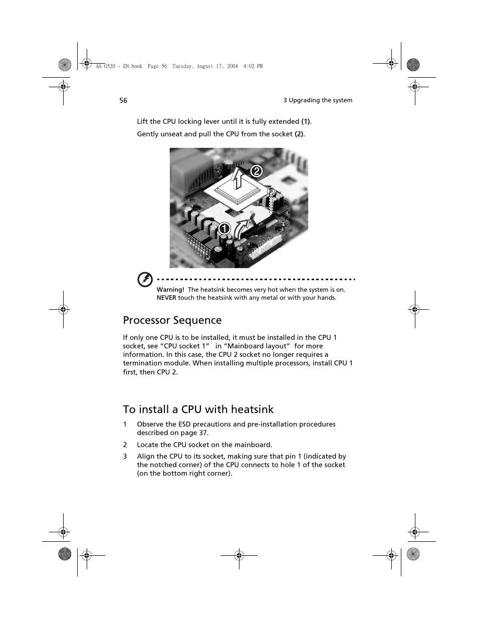 Processor sequence, To install a cpu with heatsink | Acer Altos G520 User Manual | Page 66 / 186