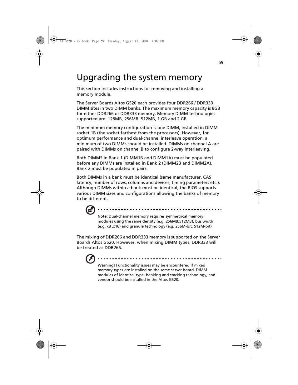 Upgrading the system memory | Acer Altos G520 User Manual | Page 69 / 186