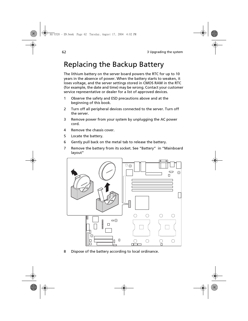 Replacing the backup battery | Acer Altos G520 User Manual | Page 72 / 186