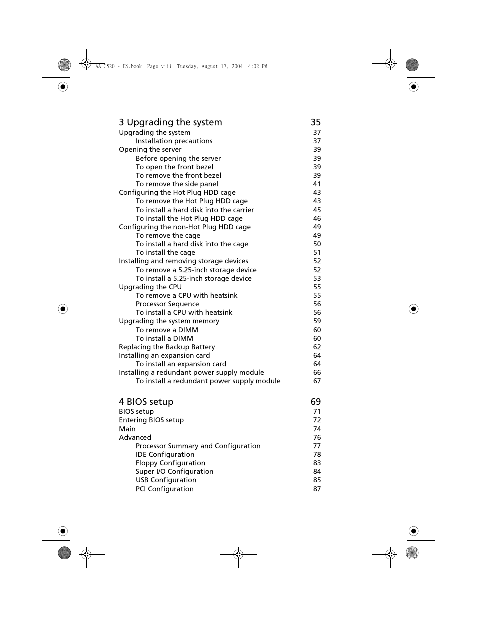 3 upgrading the system 35, 4 bios setup 69 | Acer Altos G520 User Manual | Page 8 / 186