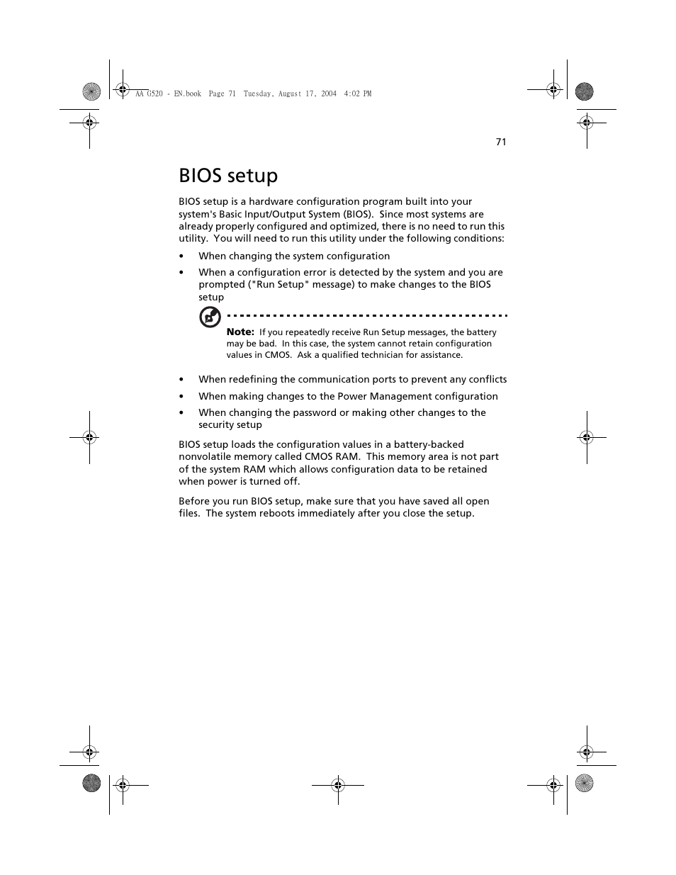 Bios setup | Acer Altos G520 User Manual | Page 81 / 186