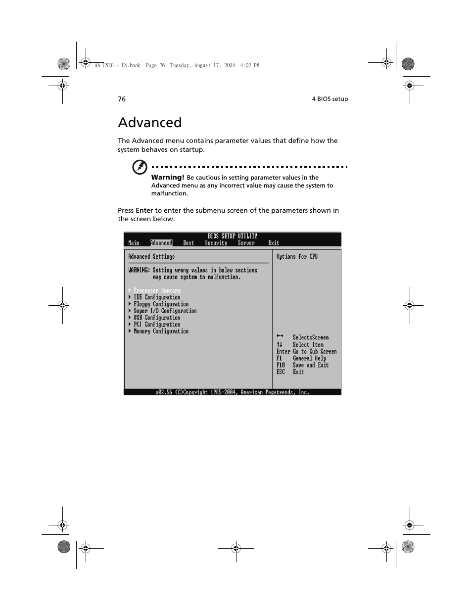 Advanced | Acer Altos G520 User Manual | Page 86 / 186