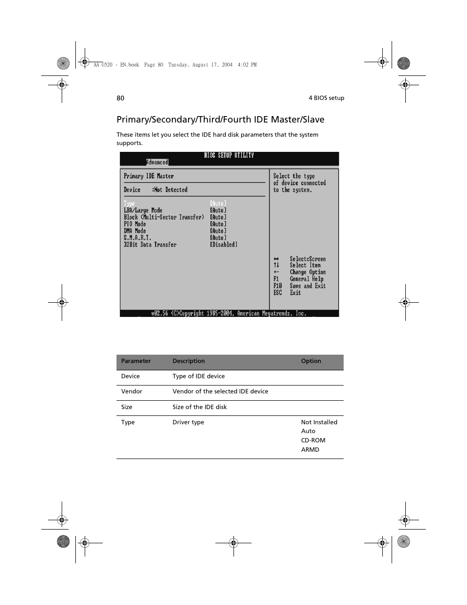 Primary/secondary/third/fourth ide master/slave | Acer Altos G520 User Manual | Page 90 / 186