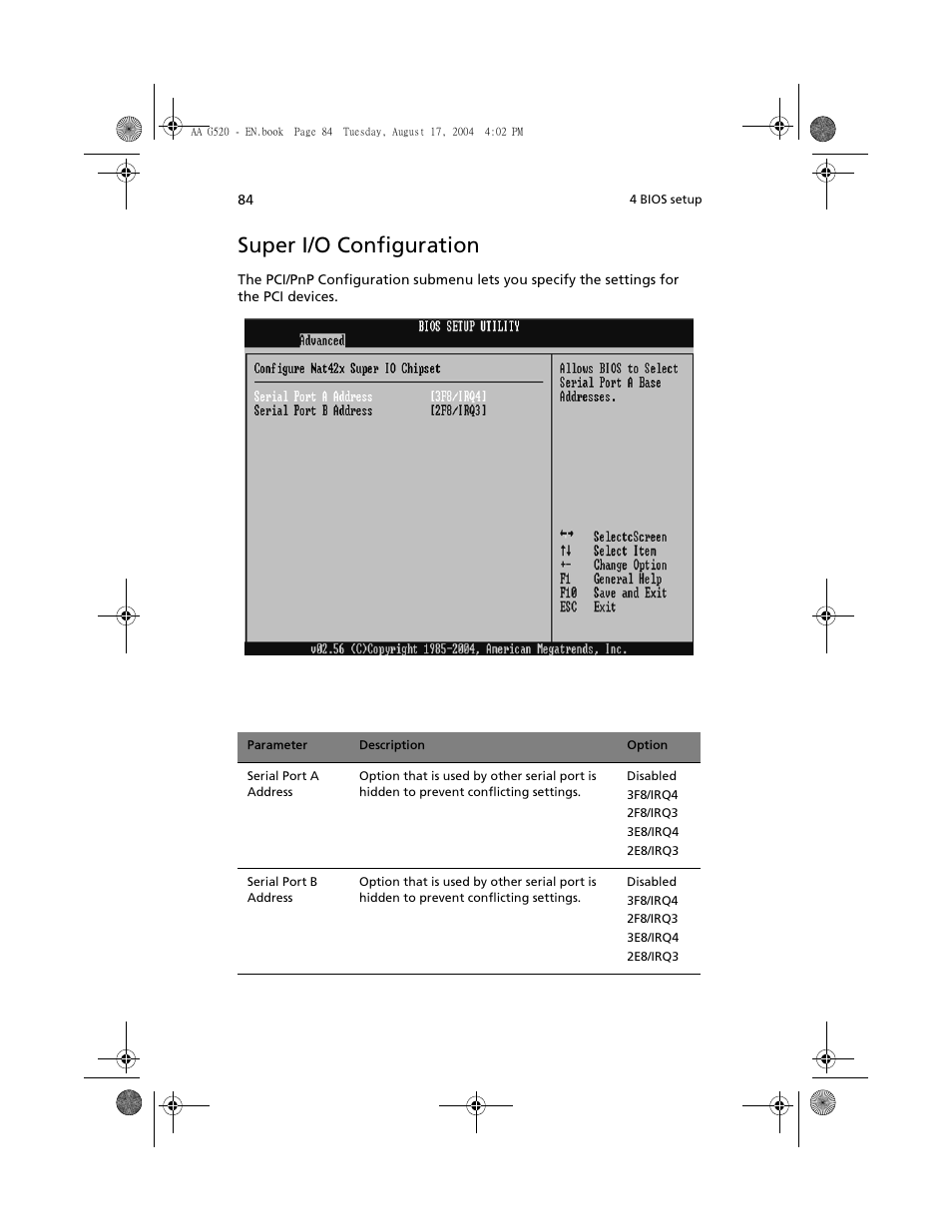 Super i/o configuration | Acer Altos G520 User Manual | Page 94 / 186