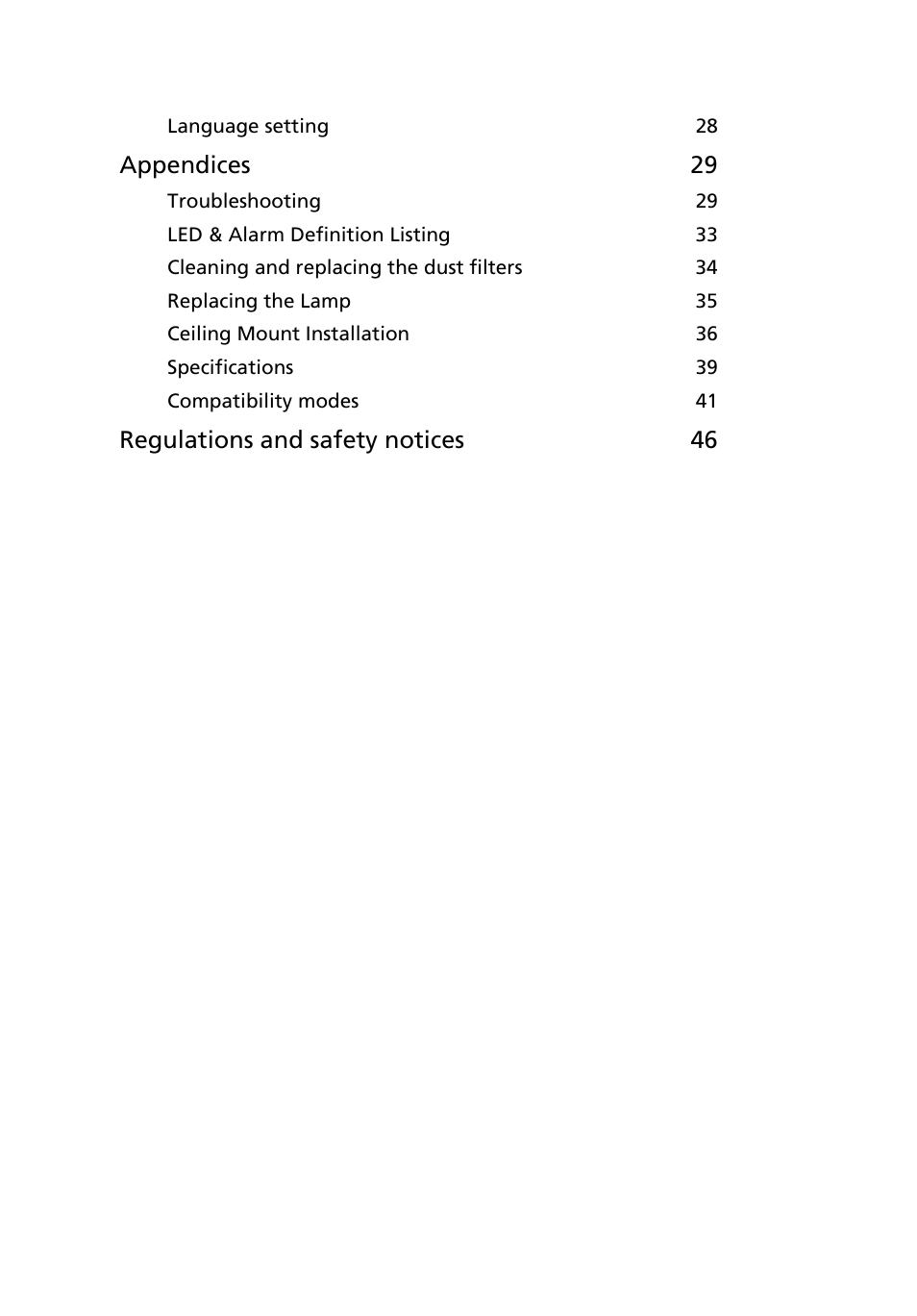 Appendices 29, Regulations and safety notices 46 | Acer P7290 User Manual | Page 12 / 62