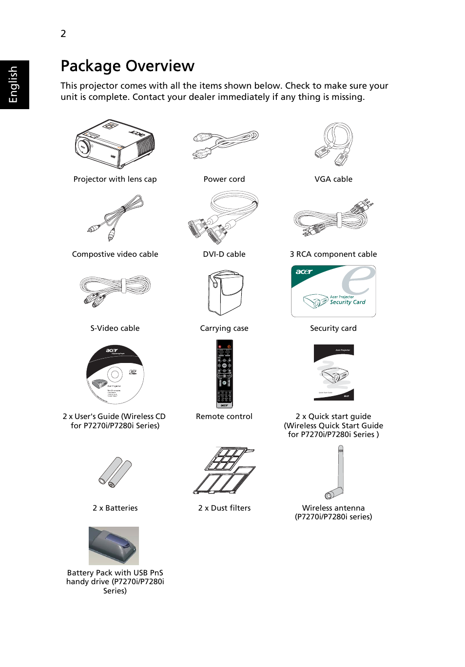 Package overview, English | Acer P7290 User Manual | Page 14 / 62