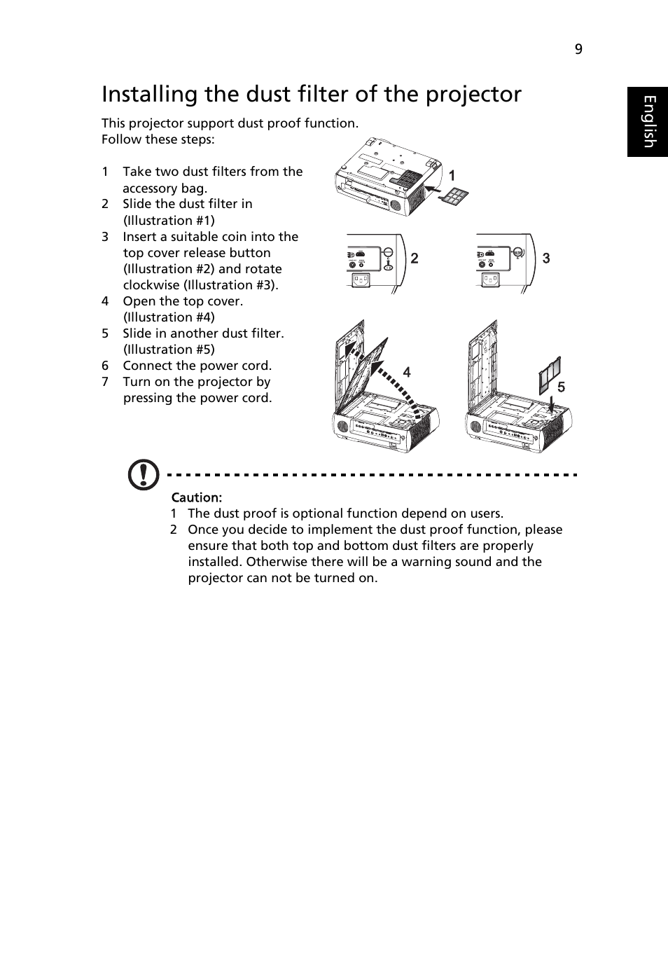 Installing the dust filter of the projector | Acer P7290 User Manual | Page 21 / 62