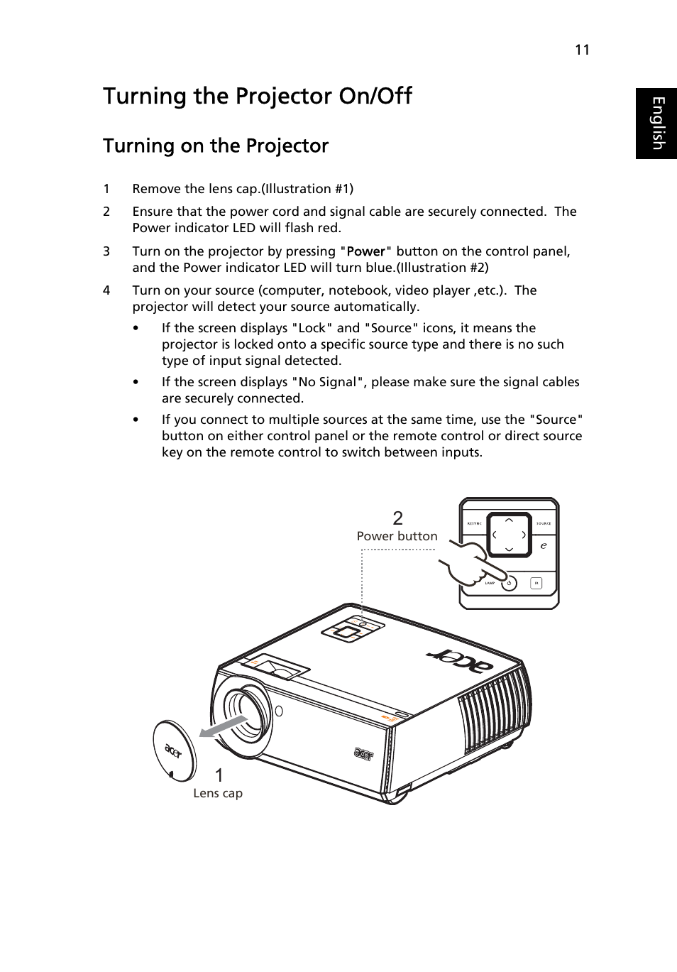 Turning the projector on/off, Turning on the projector | Acer P7290 User Manual | Page 23 / 62