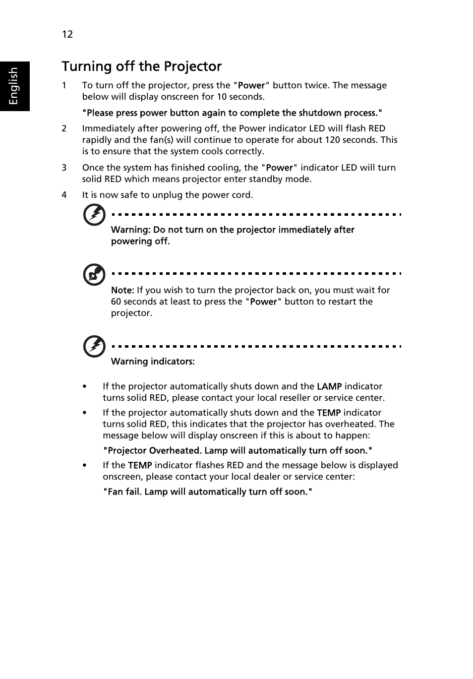 Turning off the projector | Acer P7290 User Manual | Page 24 / 62