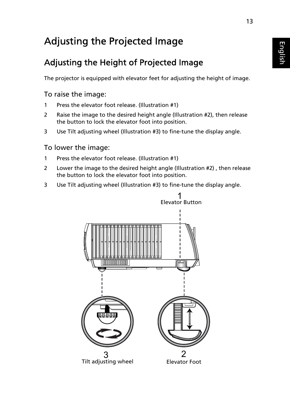 Adjusting the projected image, Adjusting the height of projected image | Acer P7290 User Manual | Page 25 / 62