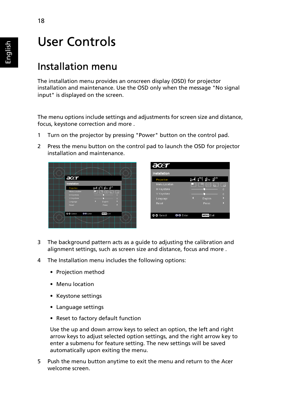 User controls, Installation menu | Acer P7290 User Manual | Page 30 / 62