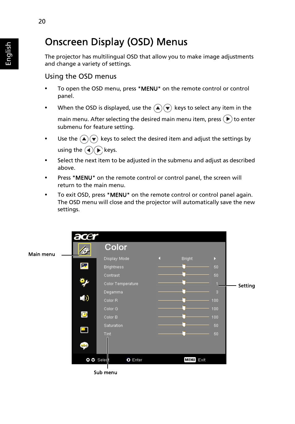 Onscreen display (osd) menus | Acer P7290 User Manual | Page 32 / 62