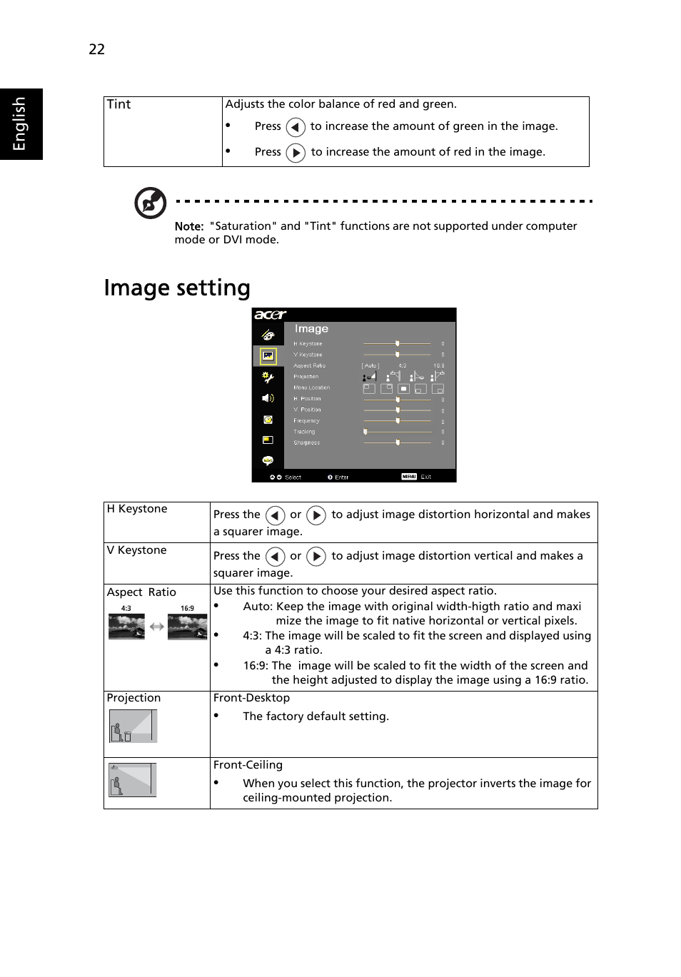 Image setting, English | Acer P7290 User Manual | Page 34 / 62