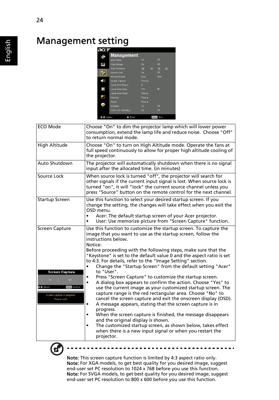 Management setting, English | Acer P7290 User Manual | Page 36 / 62