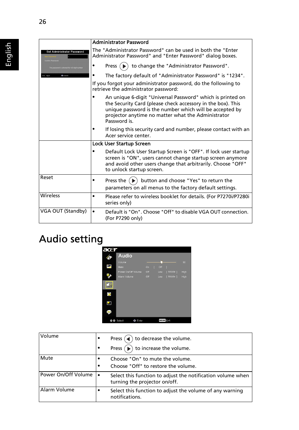 Audio setting, English | Acer P7290 User Manual | Page 38 / 62