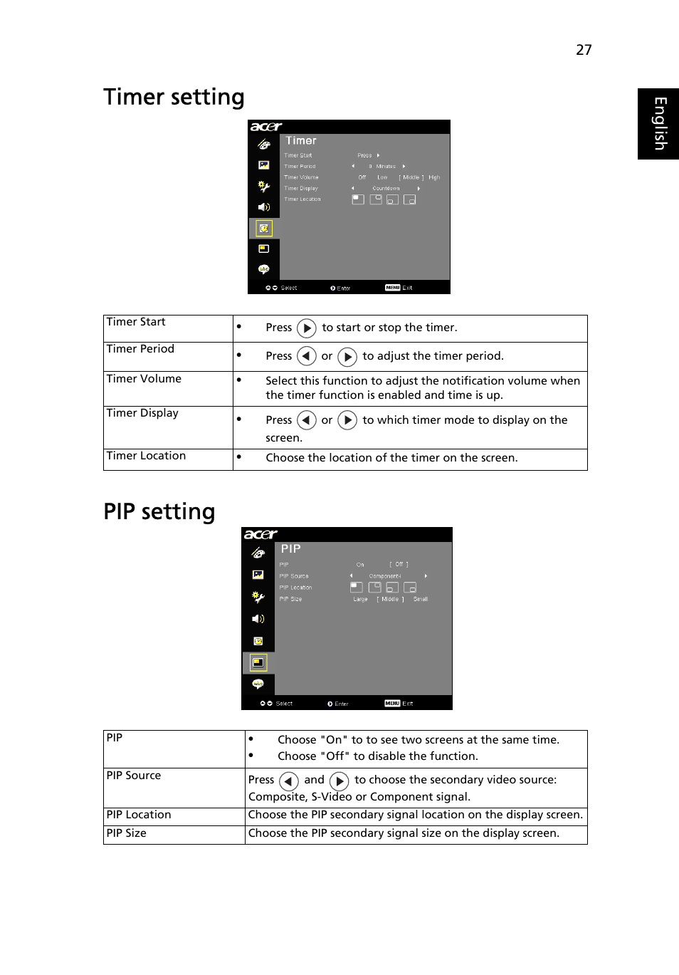 Timer setting, Pip setting, Timer setting pip setting | Eng lis h | Acer P7290 User Manual | Page 39 / 62