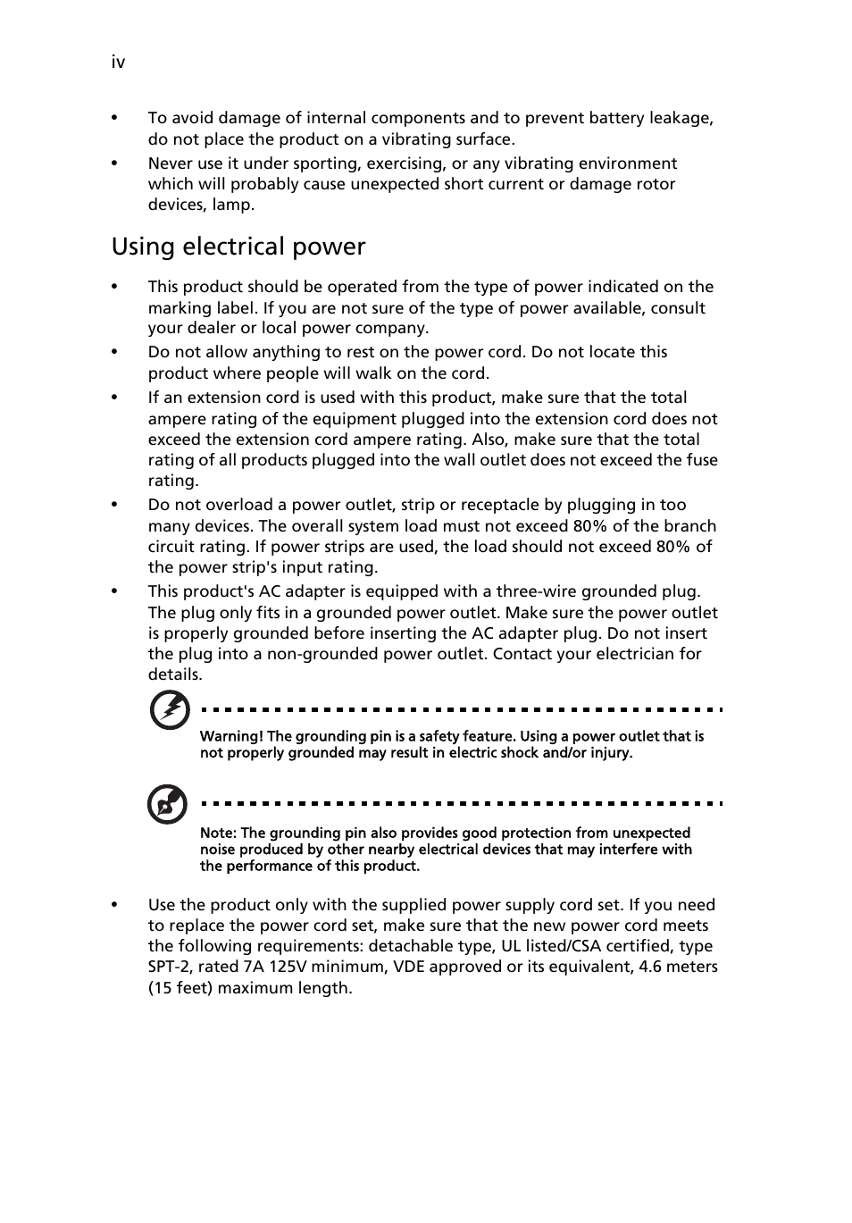 Using electrical power | Acer P7290 User Manual | Page 4 / 62