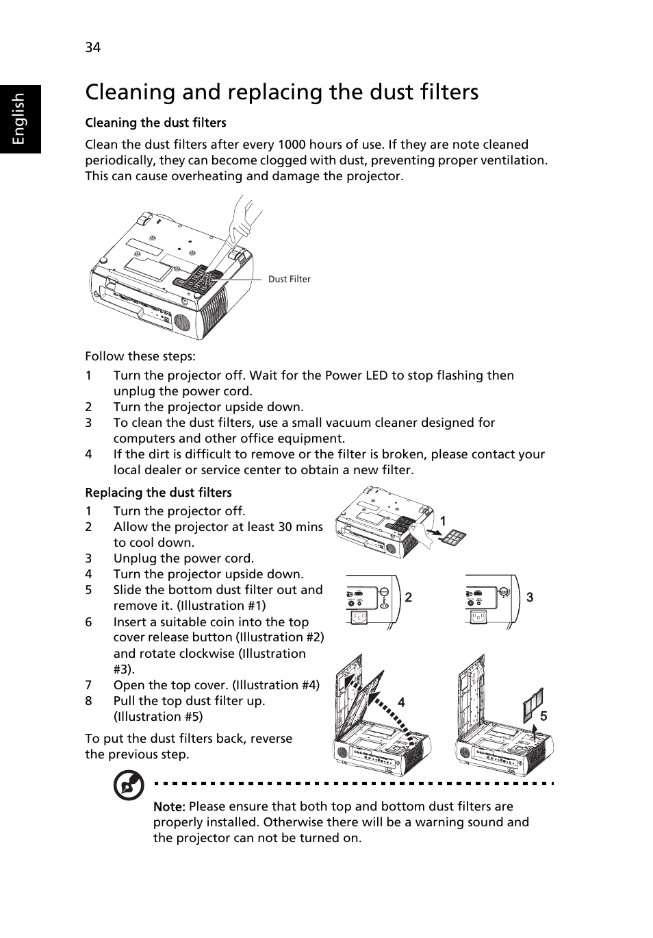 Cleaning and replacing the dust filters, English | Acer P7290 User Manual | Page 46 / 62