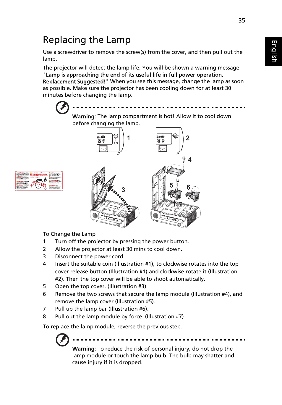 Replacing the lamp, Eng lis h | Acer P7290 User Manual | Page 47 / 62