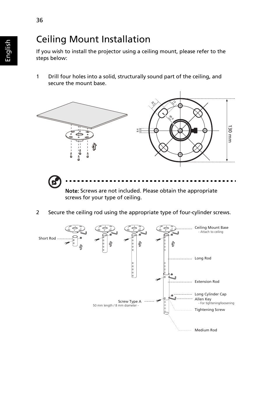 Ceiling mount installation, English | Acer P7290 User Manual | Page 48 / 62