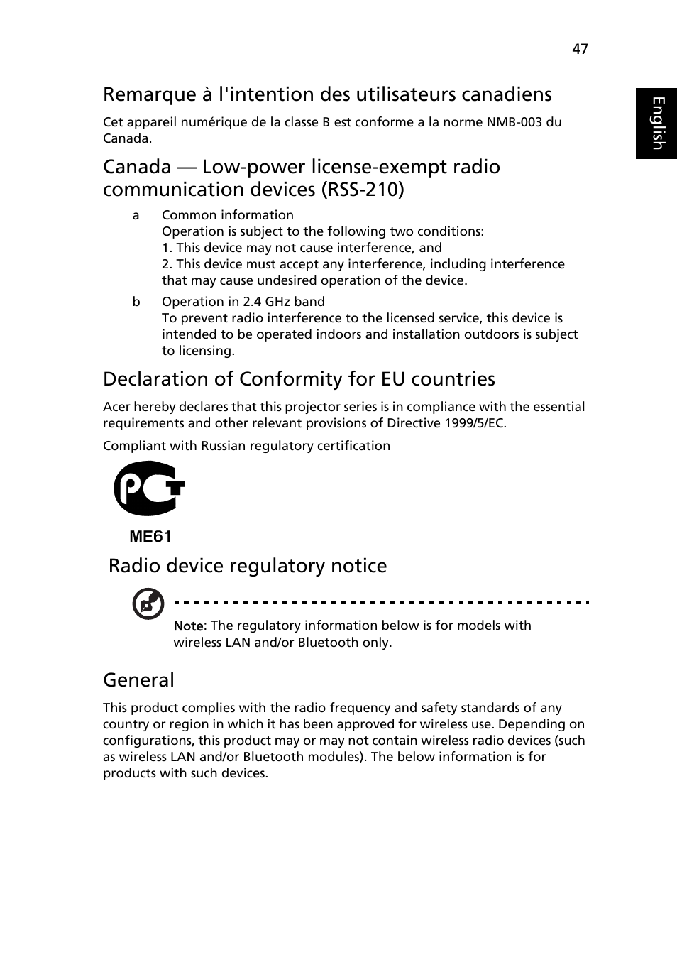 Remarque à l'intention des utilisateurs canadiens, Declaration of conformity for eu countries, Radio device regulatory notice | General | Acer P7290 User Manual | Page 59 / 62