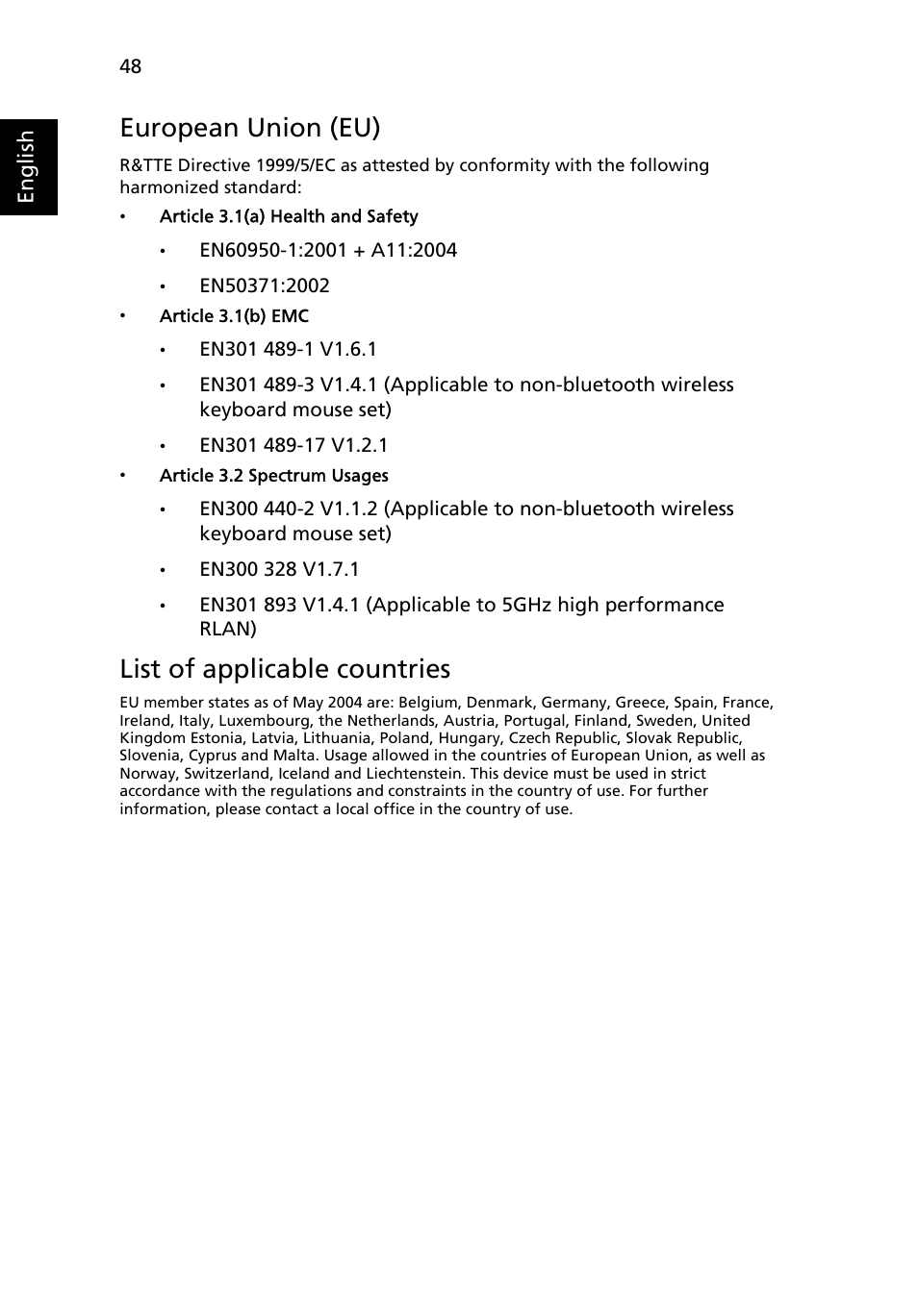 European union (eu), List of applicable countries | Acer P7290 User Manual | Page 60 / 62