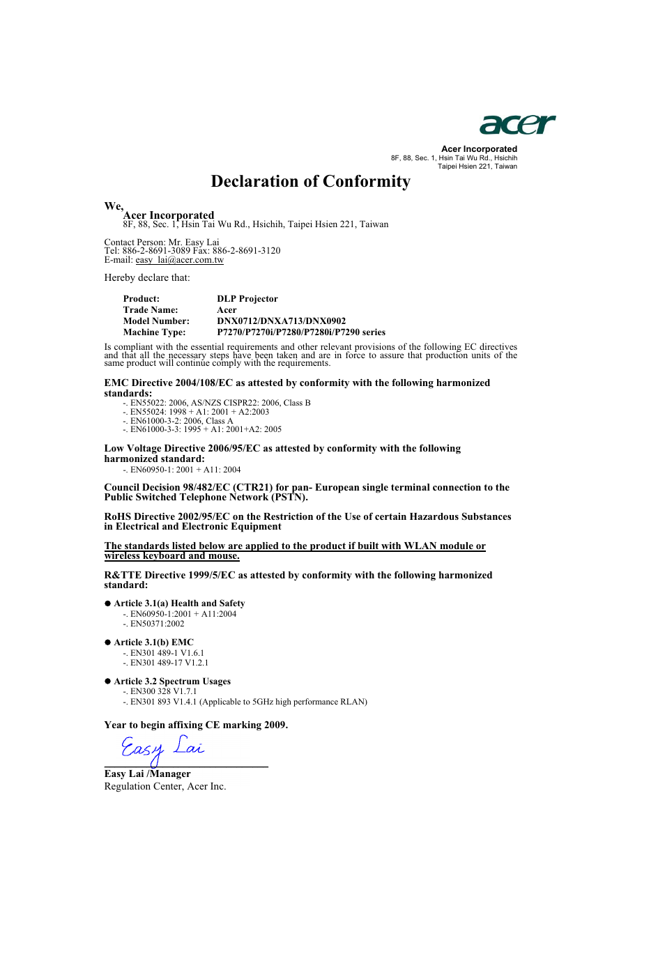 Declaration of conformity | Acer P7290 User Manual | Page 62 / 62