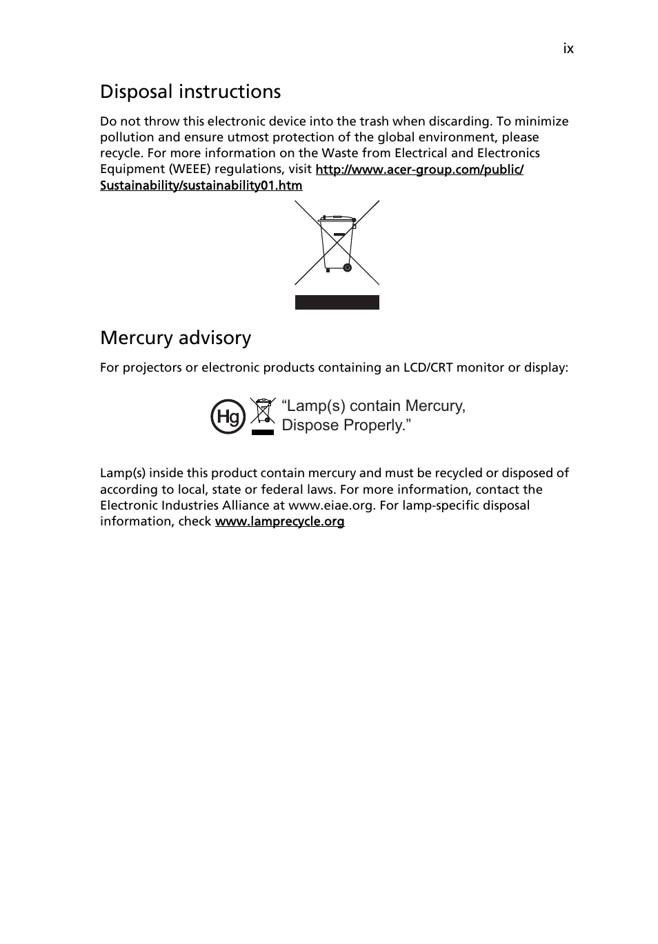 Disposal instructions, Mercury advisory | Acer P7290 User Manual | Page 9 / 62