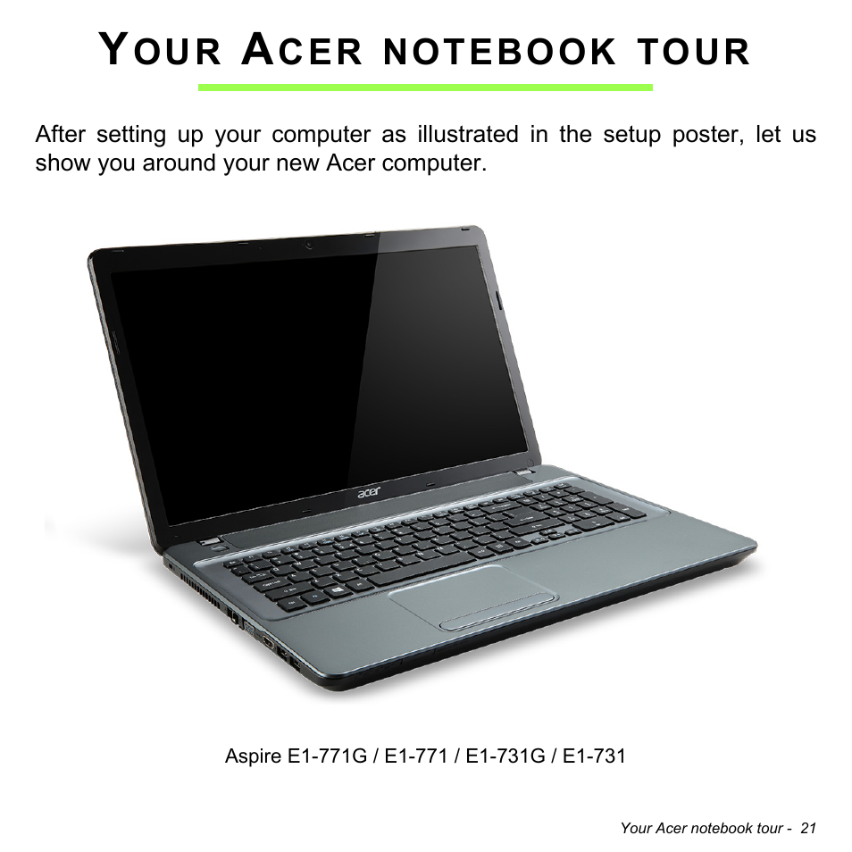 Your acer notebook tour | Acer Aspire E1-731G User Manual | Page 21 / 103