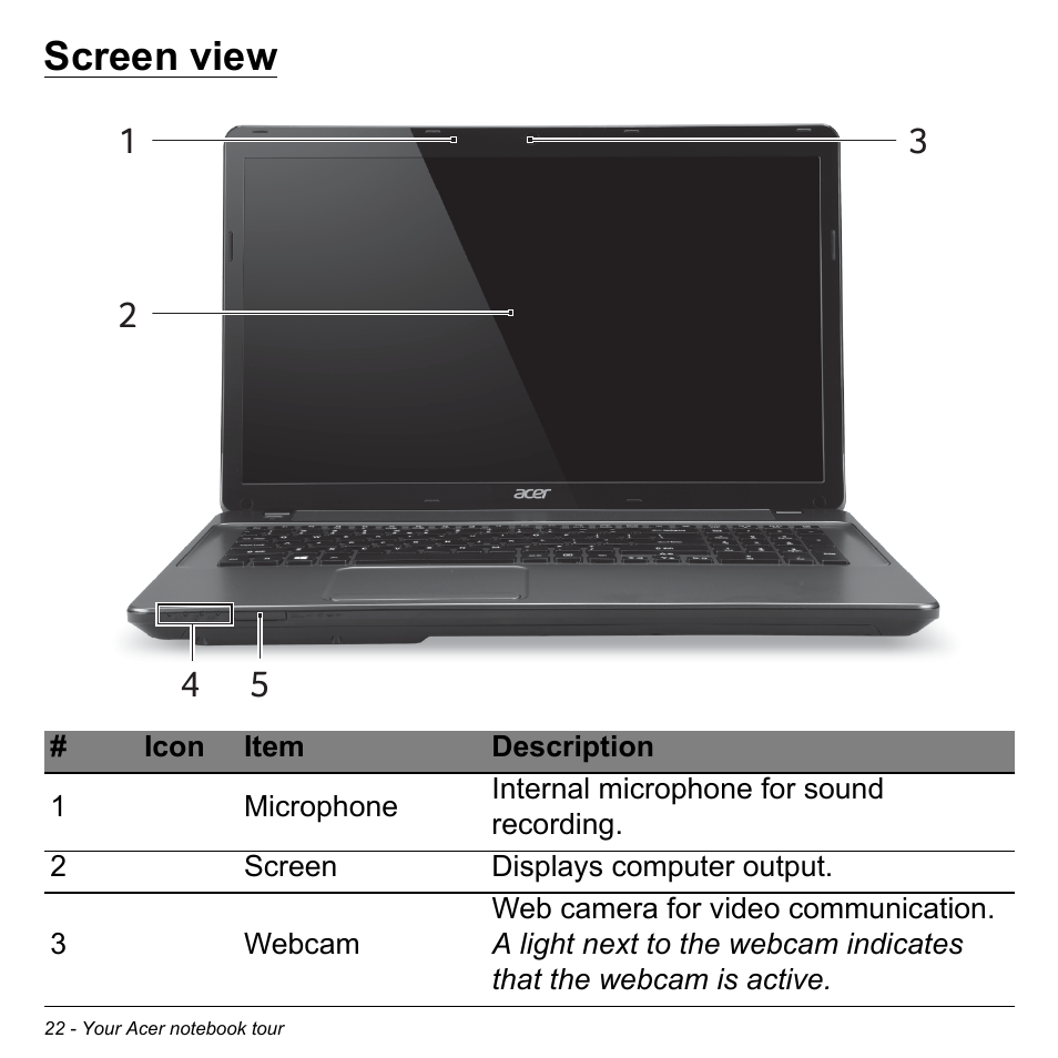 Screen view | Acer Aspire E1-731G User Manual | Page 22 / 103
