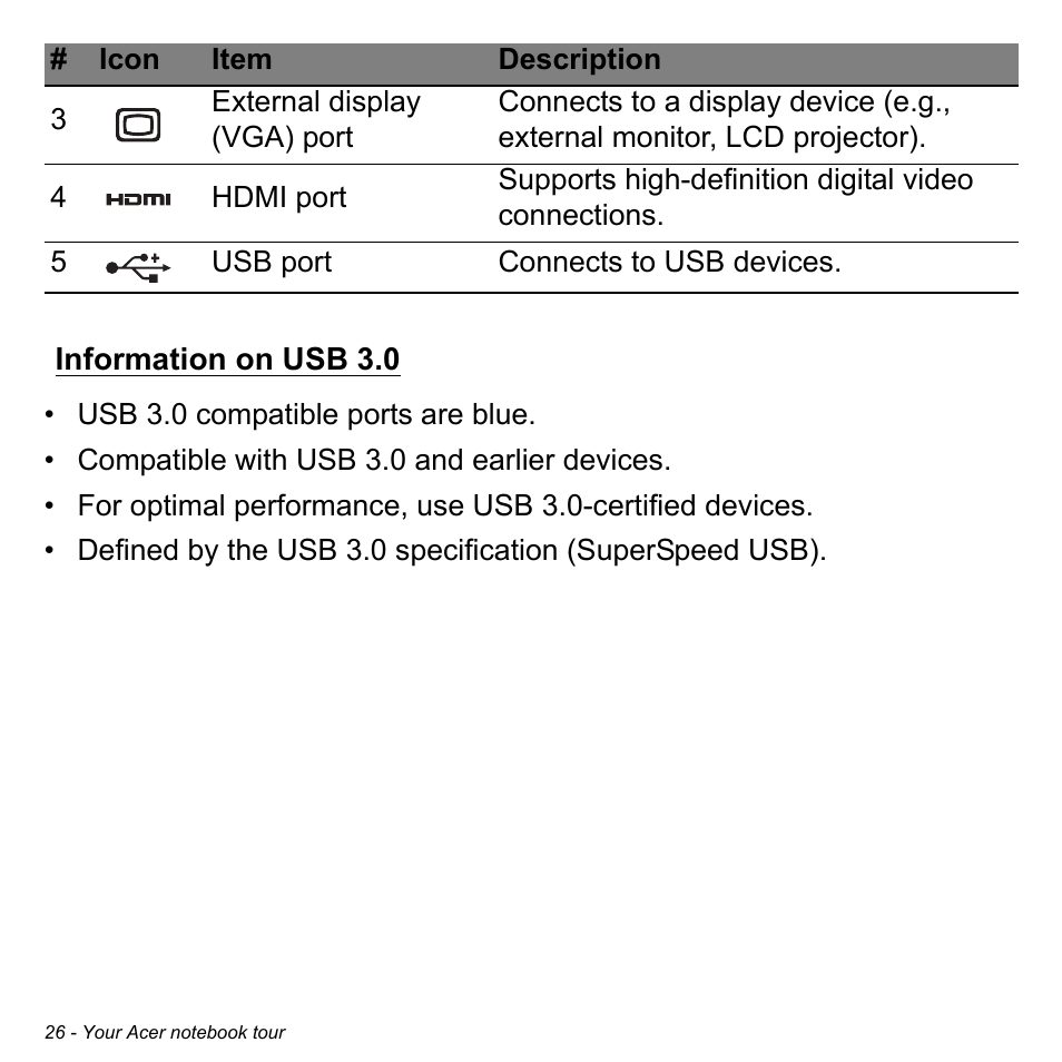 Information on usb 3.0 | Acer Aspire E1-731G User Manual | Page 26 / 103