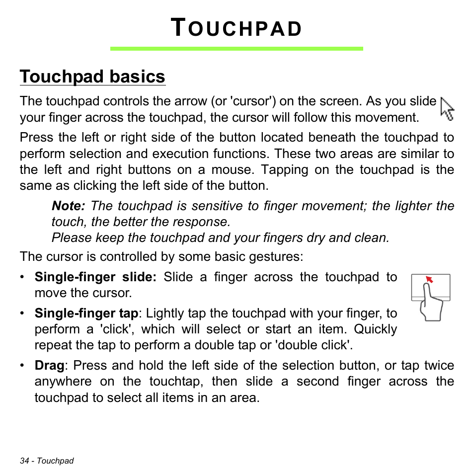 Touchpad, Touchpad basics, Ouchpad | Acer Aspire E1-731G User Manual | Page 35 / 103