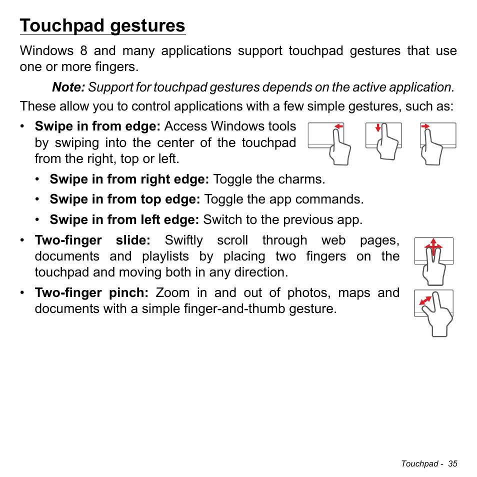 Touchpad gestures | Acer Aspire E1-731G User Manual | Page 36 / 103