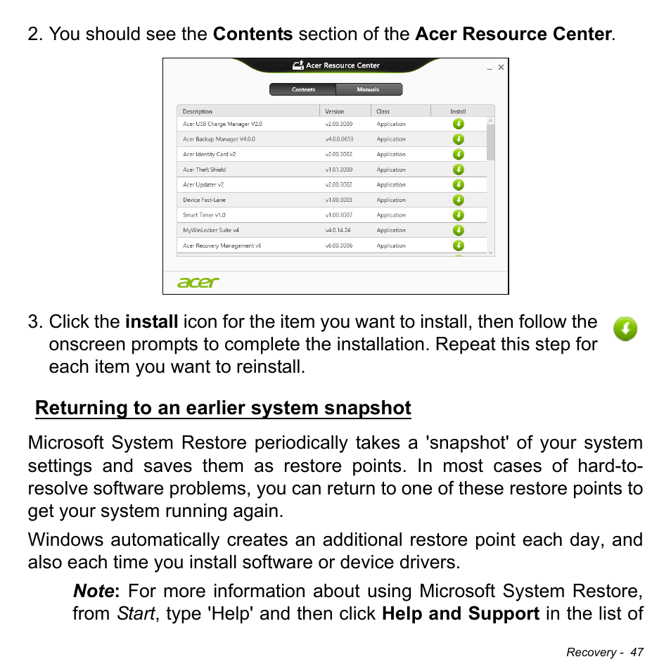 Returning to an earlier system snapshot, Returning to an earlier system, Snapshot | Acer Aspire E1-731G User Manual | Page 48 / 103