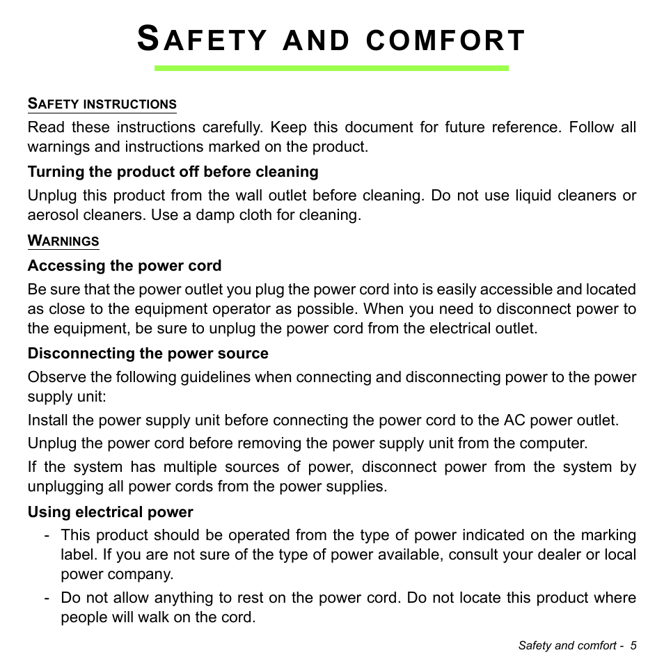 Safety and comfort, Afety, Comfort | Acer Aspire E1-731G User Manual | Page 5 / 103