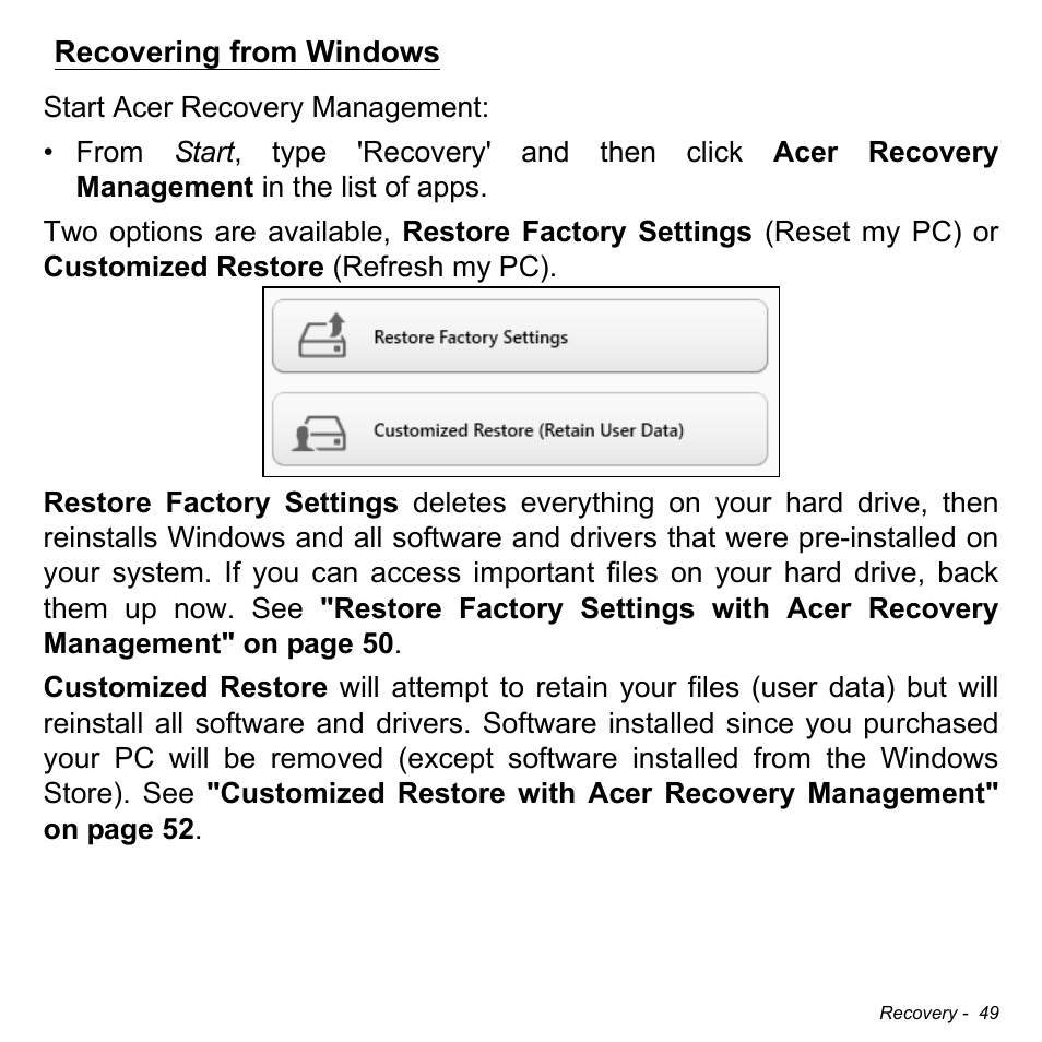 Recovering from windows | Acer Aspire E1-731G User Manual | Page 50 / 103