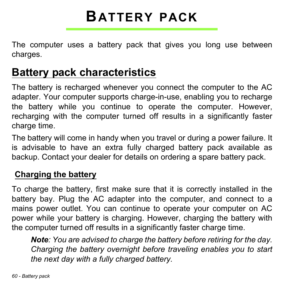 Battery pack, Battery pack characteristics, Charging the battery | Attery, Pack | Acer Aspire E1-731G User Manual | Page 61 / 103