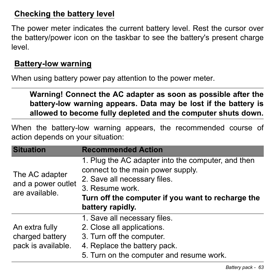 Checking the battery level, Battery-low warning, Checking the battery level battery-low warning | Acer Aspire E1-731G User Manual | Page 64 / 103