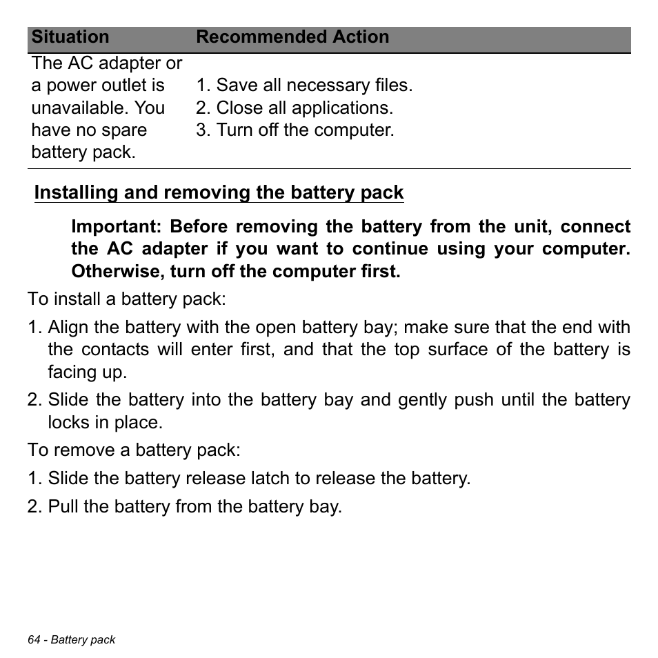 Installing and removing the battery pack | Acer Aspire E1-731G User Manual | Page 65 / 103