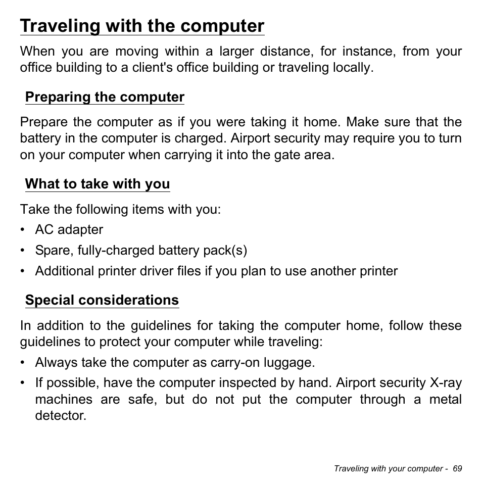 Traveling with the computer, Preparing the computer, What to take with you | Special considerations | Acer Aspire E1-731G User Manual | Page 70 / 103