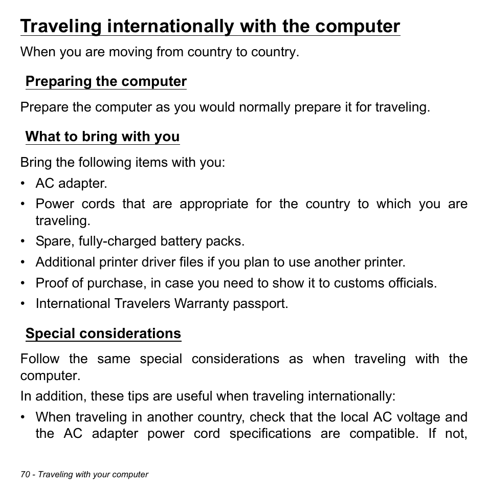 Traveling internationally with the computer, Preparing the computer, What to bring with you | Special considerations, Preparing the computer what to bring with you | Acer Aspire E1-731G User Manual | Page 71 / 103