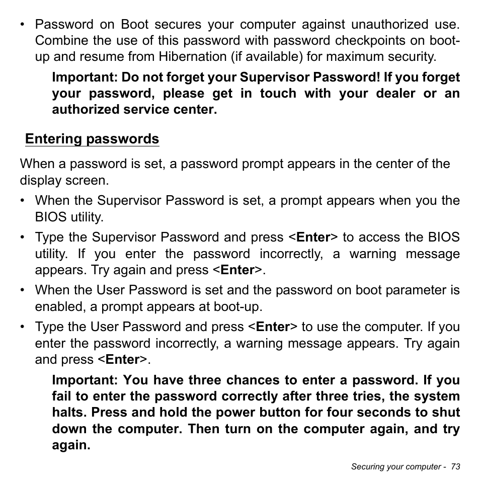 Entering passwords | Acer Aspire E1-731G User Manual | Page 74 / 103