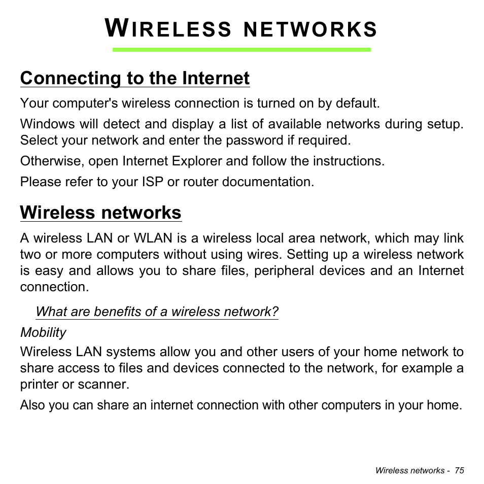 Wireless networks, Connecting to the internet, Connecting to the internet wireless networks | Ireless, Networks | Acer Aspire E1-731G User Manual | Page 76 / 103