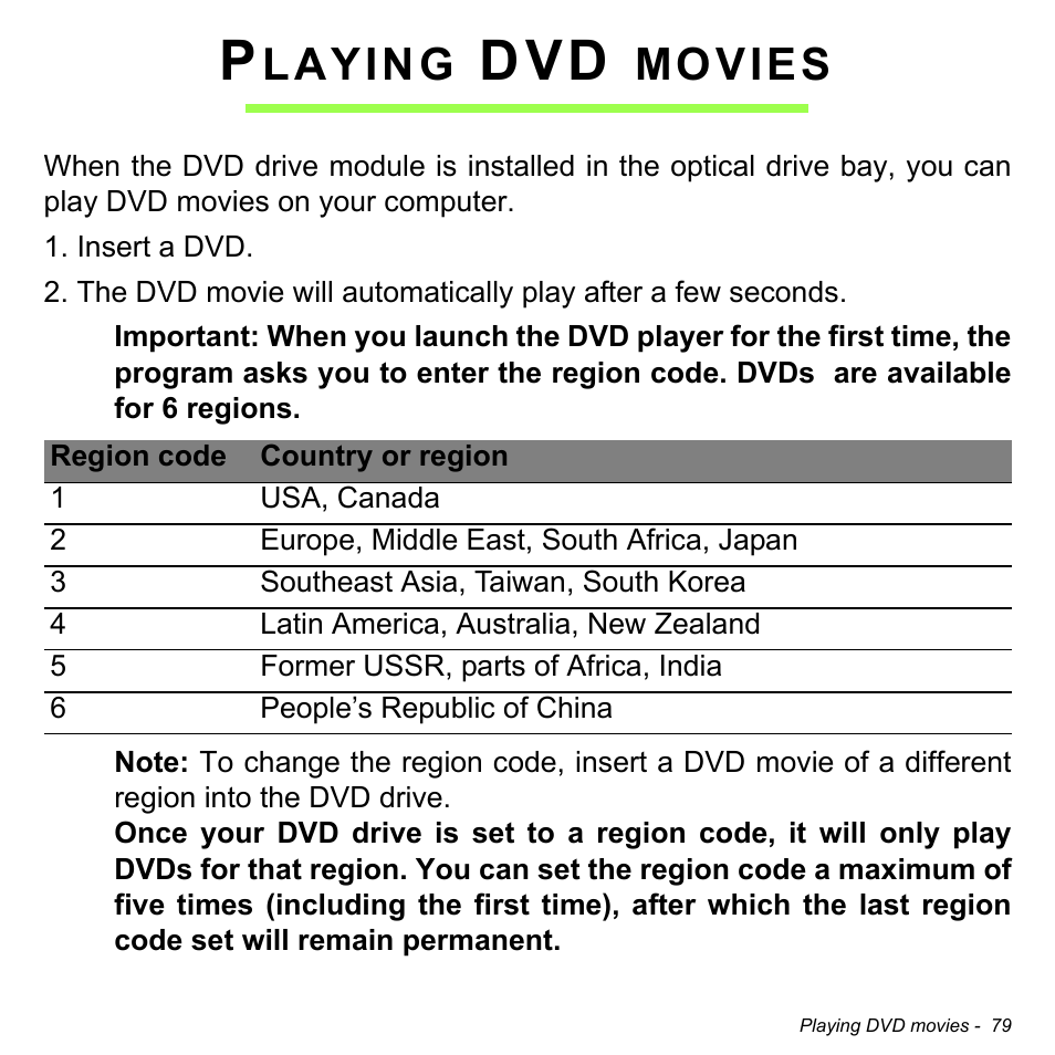 Playing dvd movies, Laying, Movies | Acer Aspire E1-731G User Manual | Page 80 / 103