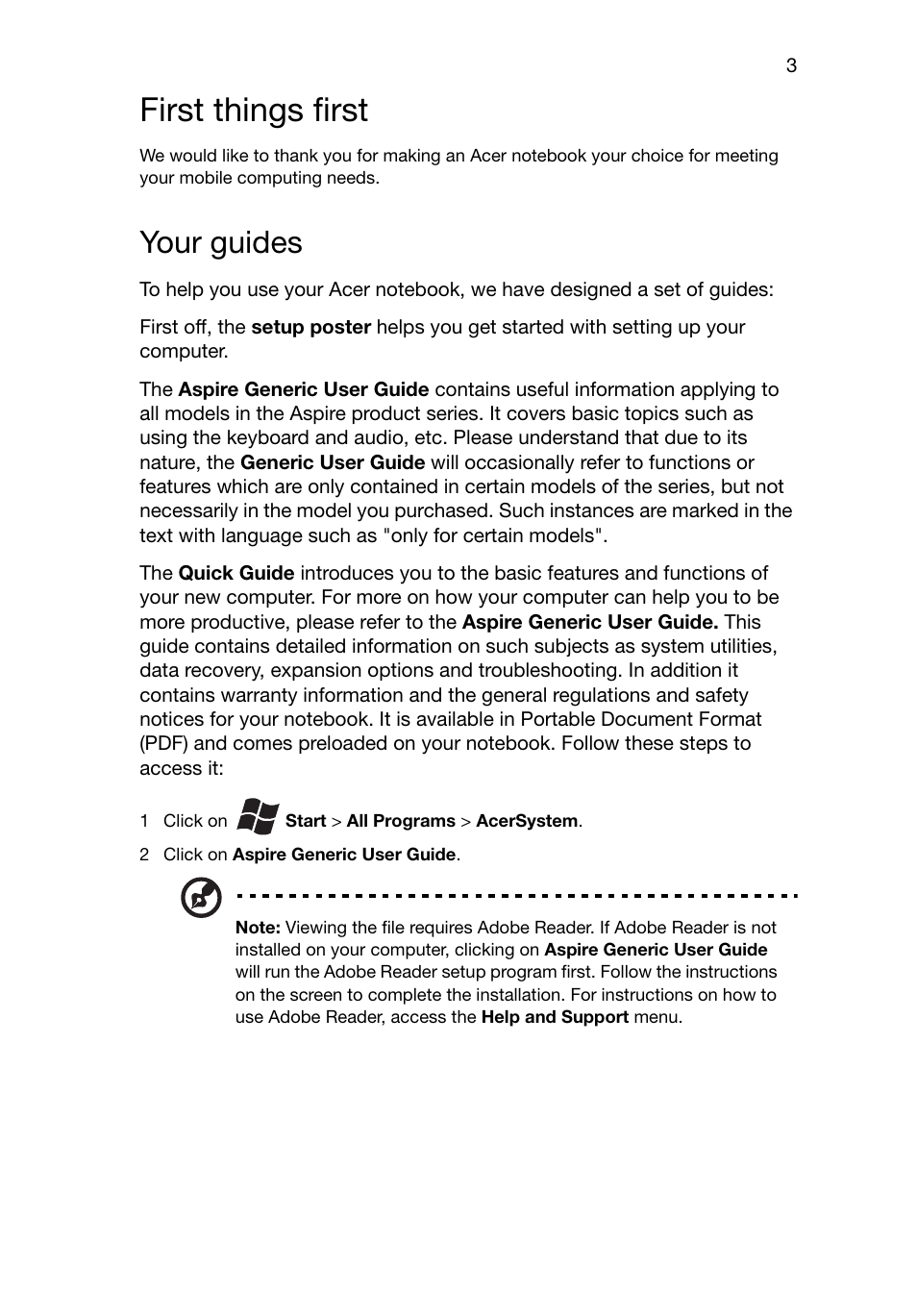 First things first, Your guides | Acer Aspire V5-131 User Manual | Page 3 / 10