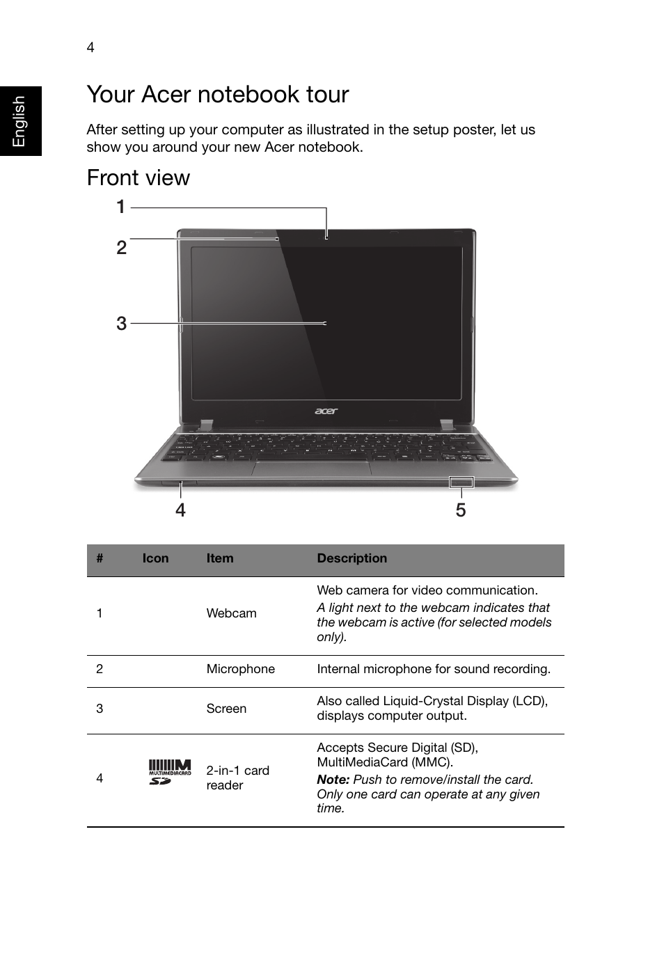 Your acer notebook tour, Front view | Acer Aspire V5-131 User Manual | Page 4 / 10